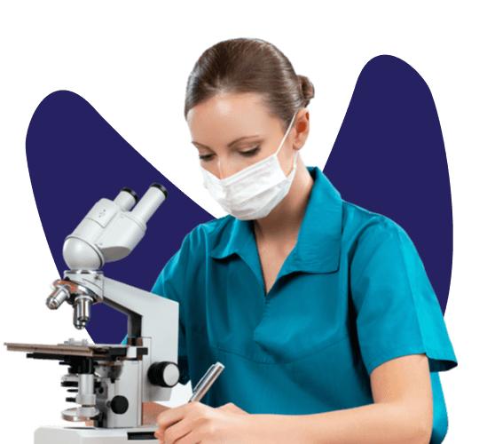 Picture of laboratory a female scientist working a microscope